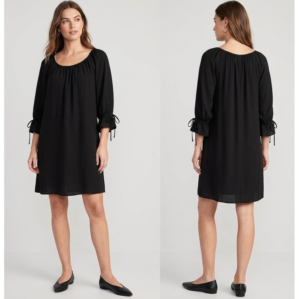 Loft Women Peasant Dress Size M Black Pullover Round Neck Sleeve Ties Flowy Boho